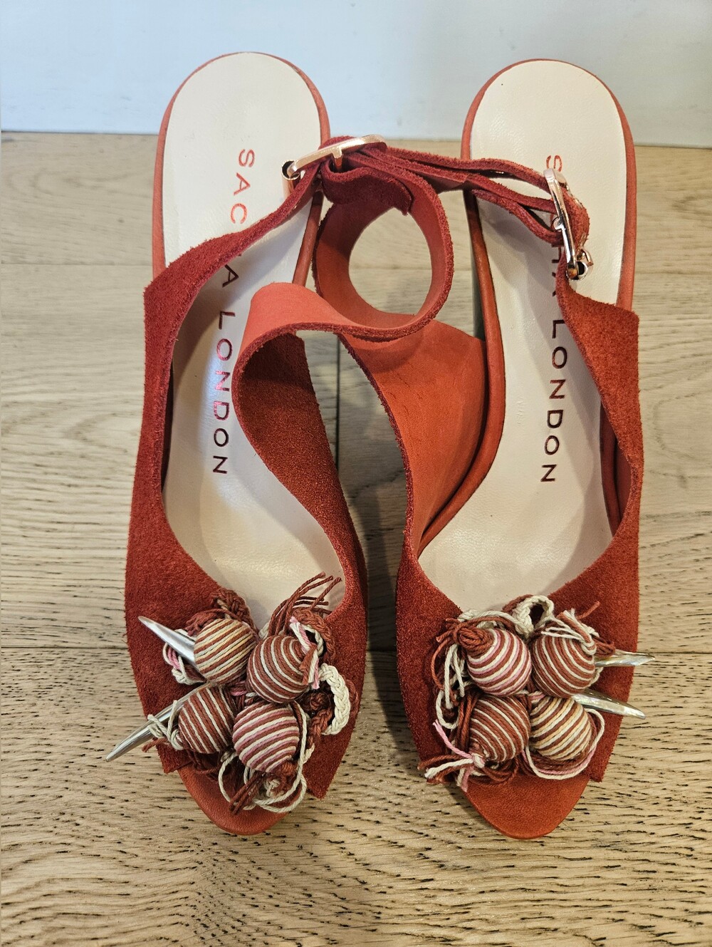 Sacha London Rust Suede Slingback Heels with Pom-Tassel Detail